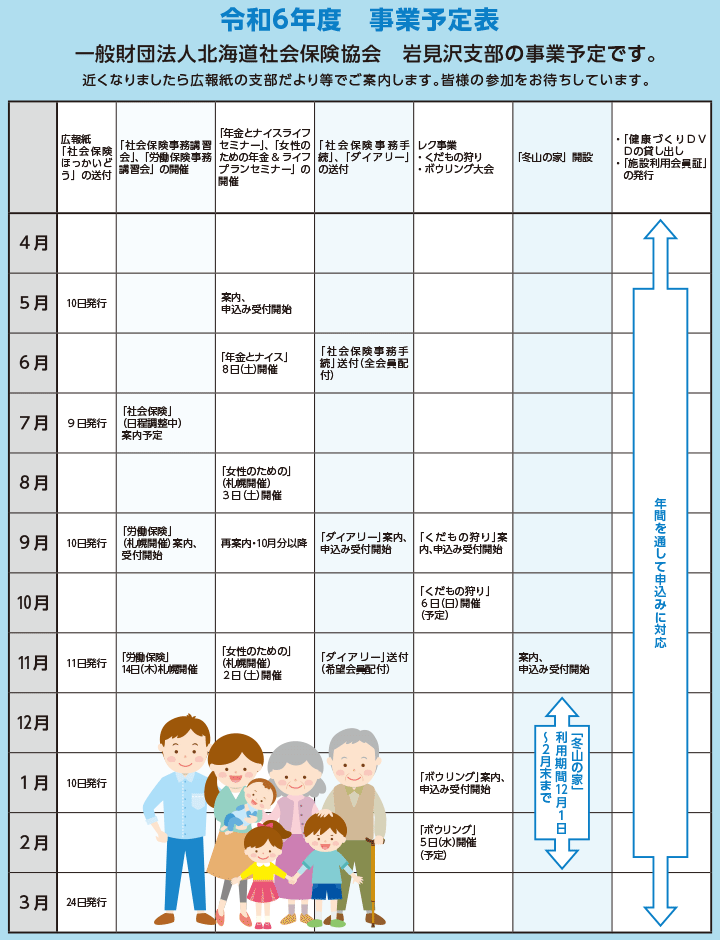 一般財団法人北海道社会保険協会　岩見沢支部の事業予定表