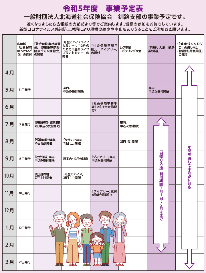 一般財団法人北海道社会保険協会 釧路支部の事業予定表