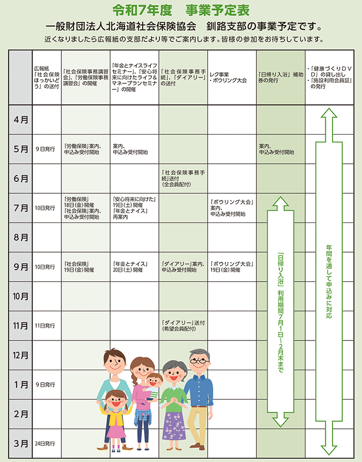 一般財団法人北海道社会保険協会 釧路支部の事業予定表