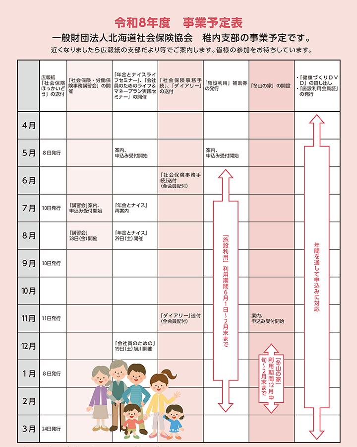 一般財団法人北海道社会保険協会　稚内支部の事業予定表